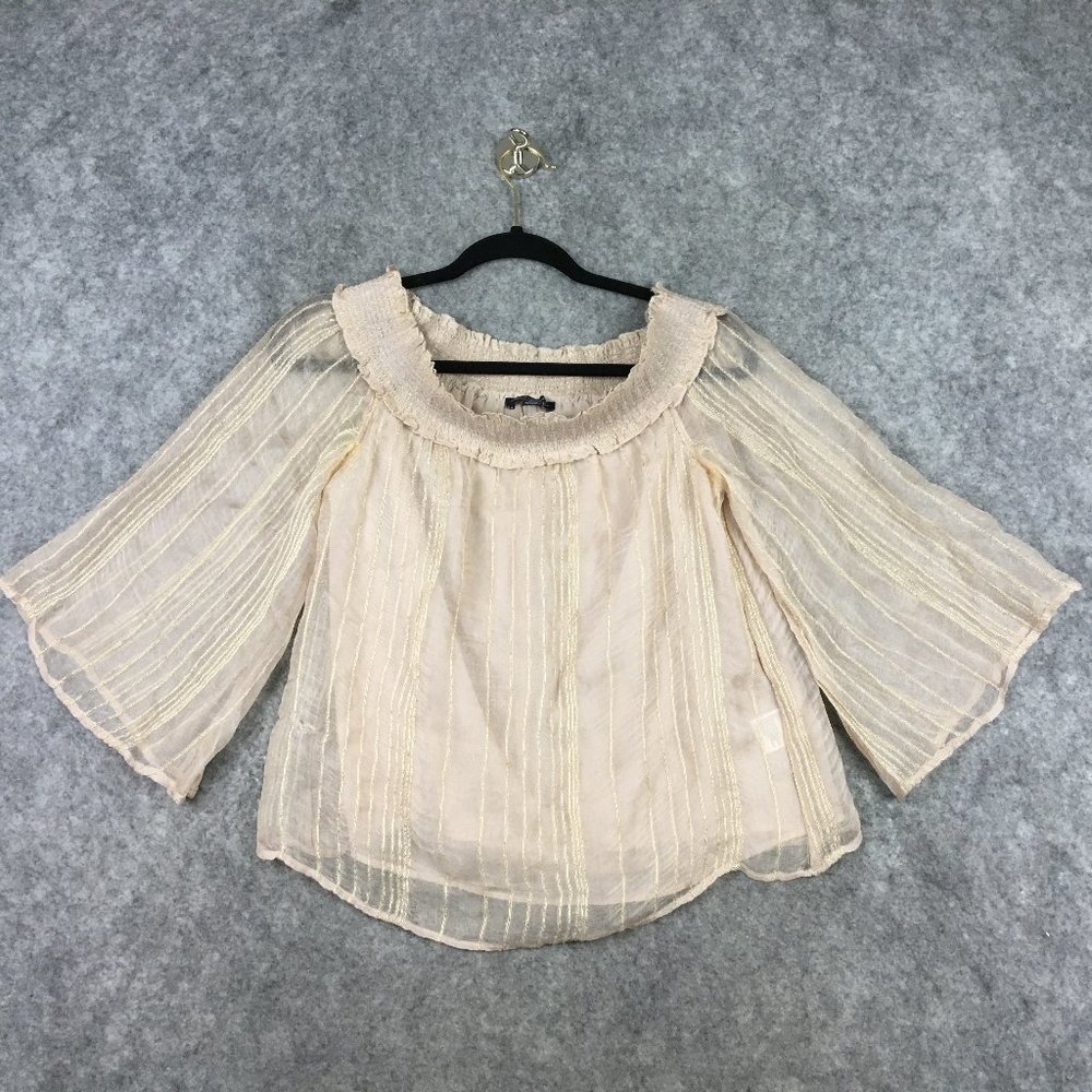 American Eagle Top S Blouse Dressy Chiffon Layered Gold Semi Sheer Party Stripe
